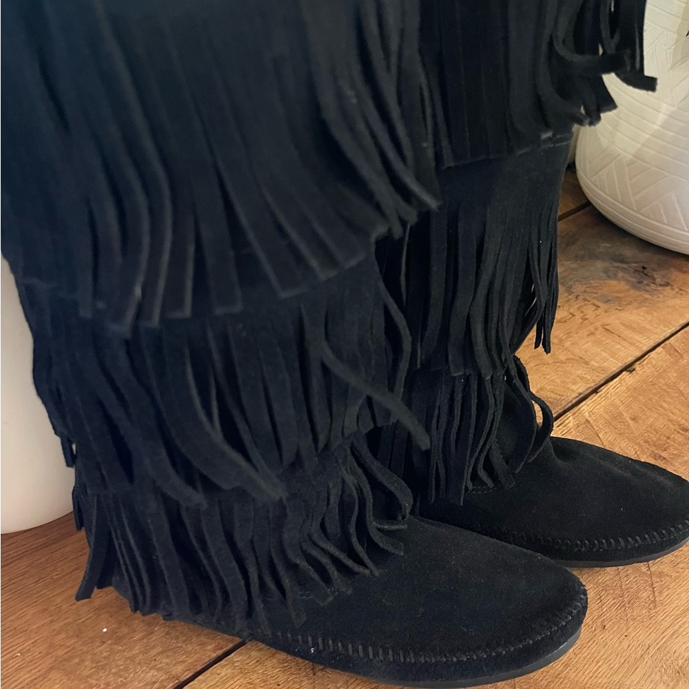 Minnetonka Black Suede Fringe Moccasin Boots - Picture 2 of 11